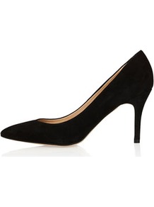 Gene Midi Pointed Courts - predominant colour: black; occasions: casual, evening, work, occasion; material: suede; heel height: mid; heel: standard; toe: pointed toe; style: courts; finish: plain; pattern: plain