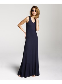 Racer Back Maxi - sleeve style: standard vest straps/shoulder straps; pattern: plain; style: maxi dress; fit: bias; back detail: racer back/sports back; predominant colour: navy; occasions: casual, holiday; length: floor length; neckline: scoop; fibres: viscose/rayon - stretch; hip detail: soft pleats at hip/draping at hip/flared at hip; sleeve length: sleeveless; pattern type: fabric; texture group: jersey - stretchy/drapey