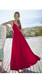 Satin Pleated Maxi Dress - neckline: low v-neck; fit: empire; pattern: plain; sleeve style: sleeveless; style: maxi dress; predominant colour: true red; occasions: casual, evening, occasion, holiday; length: floor length; fibres: polyester/polyamide - 100%; hip detail: structured pleats at hip; sleeve length: sleeveless; pattern type: fabric; texture group: other - light to midweight