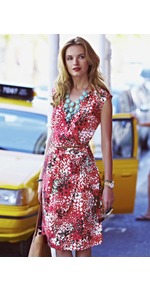 Wrap Front Aztec Print Dress - style: faux wrap/wrap; length: below the knee; neckline: low v-neck; sleeve style: capped; fit: fitted at waist; waist detail: belted waist/tie at waist/drawstring; occasions: casual, work; fibres: polyester/polyamide - 100%; predominant colour: multicoloured; sleeve length: short sleeve; trends: statement prints; pattern type: fabric; pattern size: small & busy; pattern: patterned/print; texture group: jersey - stretchy/drapey