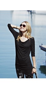 Zip Detail Jersey Top - neckline: cowl/draped neck; pattern: plain; bust detail: ruching/gathering/draping/layers/pintuck pleats at bust; predominant colour: black; occasions: casual, evening, work, holiday; length: standard; style: top; fibres: viscose/rayon - stretch; fit: body skimming; hip detail: ruching/gathering at hip; sleeve length: 3/4 length; sleeve style: standard; pattern type: fabric; texture group: jersey - stretchy/drapey
