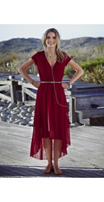 Hi Lo Mesh Dress - neckline: low v-neck; fit: fitted at waist; pattern: plain; waist detail: belted waist/tie at waist/drawstring; bust detail: ruching/gathering/draping/layers/pintuck pleats at bust; predominant colour: burgundy; occasions: evening, work, occasion, holiday; length: on the knee; style: asymmetric (hem); fibres: polyester/polyamide - 100%; hip detail: soft pleats at hip/draping at hip/flared at hip; shoulder detail: flat/draping pleats/ruching/gathering at shoulder; back detail: longer hem at back than at front; sleeve length: short sleeve; sleeve style: standard; texture group: sheer fabrics/chiffon/organza etc.; pattern type: fabric