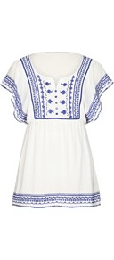 Embroidered Kaftan - sleeve style: angel/waterfall; pattern: plain; waist detail: elasticated waist; length: below the bottom; style: tunic; hip detail: fitted at hip; bust detail: buttons at bust (in middle at breastbone)/zip detail at bust; predominant colour: white; secondary colour: navy; occasions: casual, holiday; neckline: scoop; fibres: viscose/rayon - 100%; fit: empire; sleeve length: short sleeve; texture group: cotton feel fabrics; pattern type: fabric; pattern size: small & light; embellishment: embroidered