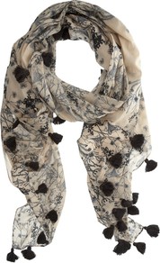 Anisa Scarf, Multi - predominant colour: stone; secondary colour: black; occasions: casual, evening, holiday; type of pattern: standard; style: regular; size: standard; material: fabric; embellishment: tassels; pattern: florals