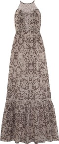 Eva Halter Maxi Dress, Mocha - fit: empire; sleeve style: sleeveless; style: maxi dress; predominant colour: taupe; occasions: casual, holiday; length: floor length; neckline: crew; back detail: keyhole/peephole detail at back; fibres: cashmere - 100%; sleeve length: sleeveless; texture group: cotton feel fabrics; pattern type: fabric; pattern size: standard; pattern: patterned/print; embellishment: lace