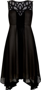 Cornelli Dress, Black - neckline: round neck; fit: empire; pattern: plain; sleeve style: sleeveless; shoulder detail: contrast pattern/fabric at shoulder; predominant colour: black; occasions: evening, occasion; length: on the knee; style: asymmetric (hem); fibres: viscose/rayon - 100%; back detail: keyhole/peephole detail at back; sleeve length: sleeveless; texture group: sheer fabrics/chiffon/organza etc.; pattern type: fabric