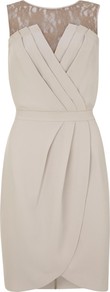 Pleat And Lace Shift Dress, Stone - style: faux wrap/wrap; neckline: round neck; fit: tailored/fitted; pattern: plain; sleeve style: sleeveless; back detail: low cut/open back; shoulder detail: contrast pattern/fabric at shoulder; secondary colour: taupe; predominant colour: stone; occasions: evening, occasion; length: just above the knee; fibres: polyester/polyamide - 100%; hip detail: soft pleats at hip/draping at hip/flared at hip; bust detail: contrast pattern/fabric/detail at bust; sleeve length: sleeveless; texture group: lace; pattern type: fabric; embellishment: lace