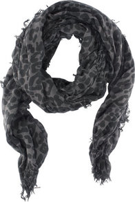 Scarf - secondary colour: charcoal; predominant colour: mid grey; occasions: casual, evening, work, holiday; type of pattern: heavy; style: regular; size: standard; material: fabric; embellishment: fringing; pattern: animal print; trends: statement prints