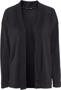 Linen Cardigan - pattern: plain; neckline: shawl; length: below the bottom; bust detail: ruching/gathering/draping/layers/pintuck pleats at bust; style: open front; predominant colour: black; occasions: casual, evening, work, holiday; fibres: linen - 100%; fit: loose; sleeve length: long sleeve; sleeve style: standard; texture group: knits/crochet; pattern type: knitted - fine stitch