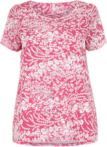 Pink And White Floral Top - neckline: round neck; style: t-shirt; secondary colour: white; predominant colour: hot pink; occasions: casual; length: standard; fibres: cotton - 100%; fit: body skimming; sleeve length: short sleeve; sleeve style: standard; pattern type: fabric; pattern size: standard; pattern: florals; texture group: jersey - stretchy/drapey
