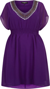 Scarlett & Jo Purple V Neck Dress - neckline: low v-neck; sleeve style: dolman/batwing; pattern: plain; bust detail: added detail/embellishment at bust; waist detail: elasticated waist; style: tunic; predominant colour: purple; occasions: evening, holiday; fibres: polyester/polyamide - 100%; fit: loose; length: mid thigh; hip detail: soft pleats at hip/draping at hip/flared at hip; sleeve length: short sleeve; texture group: sheer fabrics/chiffon/organza etc.; pattern type: fabric; embellishment: beading