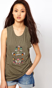Embellished Hand Tank Top - sleeve style: sleeveless; bust detail: added detail/embellishment at bust; style: vest top; predominant colour: khaki; occasions: casual, holiday; length: standard; neckline: scoop; fibres: cotton - 100%; fit: body skimming; sleeve length: sleeveless; pattern type: fabric; pattern size: light/subtle; pattern: patterned/print; texture group: jersey - stretchy/drapey; embellishment: jewels