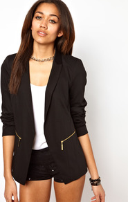 Blazer Jacket - pattern: plain; style: single breasted blazer; length: below the bottom; collar: standard lapel/rever collar; predominant colour: black; occasions: casual, evening, work, occasion; fit: tailored/fitted; fibres: polyester/polyamide - stretch; sleeve length: long sleeve; sleeve style: standard; texture group: crepes; trends: tuxedo; collar break: low/open; pattern type: fabric
