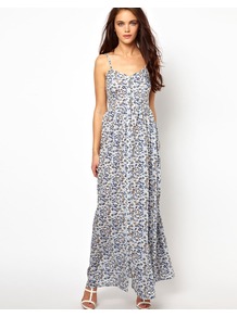 Printed Maxi Cami Dress - sleeve style: spaghetti straps; style: maxi dress; neckline: sweetheart; waist detail: twist front waist detail/nipped in at waist on one side/soft pleats/draping/ruching/gathering waist detail; predominant colour: pale blue; occasions: casual, holiday; length: floor length; fit: fitted at waist & bust; fibres: viscose/rayon - 100%; hip detail: soft pleats at hip/draping at hip/flared at hip; back detail: crossover; sleeve length: sleeveless; trends: high impact florals; pattern type: fabric; pattern size: small & busy; pattern: florals; texture group: jersey - stretchy/drapey