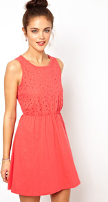 Broidery Front Dress - length: mid thigh; neckline: round neck; fit: fitted at waist; pattern: plain; sleeve style: sleeveless; style: blouson; predominant colour: coral; occasions: casual, evening, occasion, holiday; fibres: cotton - 100%; sleeve length: sleeveless; trends: fluorescent, volume; pattern type: fabric; texture group: broiderie anglais