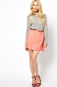 Chiffon Button Through Skirt - length: mid thigh; pattern: plain; fit: body skimming; waist: high rise; waist detail: belted waist/tie at waist/drawstring; predominant colour: pink; occasions: casual, evening, holiday; style: fit & flare; fibres: polyester/polyamide - 100%; texture group: sheer fabrics/chiffon/organza etc.; pattern type: fabric
