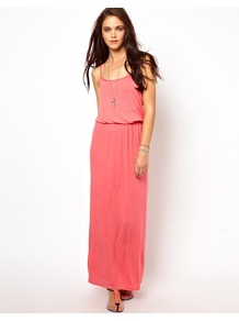 Waisted Maxi Dress - sleeve style: spaghetti straps; fit: fitted at waist; pattern: plain; style: blouson; back detail: low cut/open back; predominant colour: coral; occasions: casual, holiday; length: floor length; neckline: scoop; fibres: viscose/rayon - stretch; sleeve length: sleeveless; pattern type: fabric; texture group: jersey - stretchy/drapey