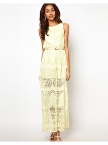 Lace Maxi Dress - neckline: slash/boat neckline; fit: fitted at waist; pattern: plain; sleeve style: sleeveless; style: maxi dress; waist detail: belted waist/tie at waist/drawstring; predominant colour: primrose yellow; occasions: casual, evening, occasion, holiday; length: floor length; fibres: polyester/polyamide - 100%; sleeve length: sleeveless; texture group: lace; pattern type: fabric; embellishment: lace