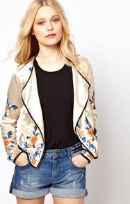 Oriental Embroidered Biker Jacket - style: single breasted blazer; collar: shawl/waterfall; fit: loose; predominant colour: ivory; occasions: casual; length: standard; fibres: polyester/polyamide - 100%; sleeve length: long sleeve; sleeve style: standard; texture group: structured shiny - satin/tafetta/silk etc.; collar break: high; pattern type: fabric; pattern size: standard; pattern: florals; embellishment: embroidered