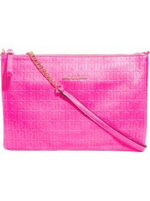 Pink Neon Ri Emboss Pochette - predominant colour: hot pink; occasions: casual, evening; style: shoulder; length: across body/long; size: standard; material: faux leather; pattern: monogram; trends: fluorescent; finish: fluorescent; embellishment: chain/metal