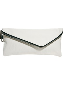 White Assymetric Zip Clutch Bag - predominant colour: white; occasions: evening, occasion; style: clutch; length: hand carry; size: small; material: faux leather; embellishment: zips; pattern: plain; finish: plain