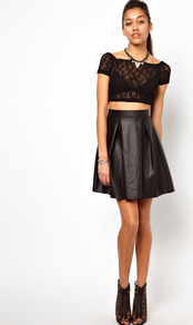 High Waisted Leather Look Skater Skirt - pattern: plain; style: full/prom skirt; fit: loose/voluminous; waist detail: fitted waist; waist: mid/regular rise; predominant colour: black; occasions: casual, evening; length: just above the knee; fibres: polyester/polyamide - stretch; hip detail: structured pleats at hip; texture group: rubber/latex; pattern type: fabric