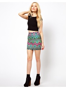 Palm Print Mini Skirt - length: mini; fit: tight; waist detail: elasticated waist; hip detail: fitted at hip; waist: mid/regular rise; secondary colour: hot pink; predominant colour: turquoise; occasions: casual, evening, holiday; style: mini skirt; fibres: polyester/polyamide - stretch; texture group: jersey - clingy; trends: statement prints; pattern type: fabric; pattern size: standard; pattern: patterned/print
