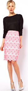 Pencil Skirt With Neon Embroidery - style: pencil; fit: tailored/fitted; waist detail: fitted waist; waist: mid/regular rise; predominant colour: pink; secondary colour: blush; occasions: evening, work; length: just above the knee; fibres: cotton - 100%; trends: high impact florals, fluorescent; pattern type: fabric; pattern size: standard; pattern: patterned/print; texture group: woven light midweight; embellishment: embroidered
