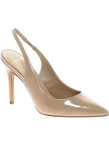 Nude Patent Slingback Heeled Shoes - predominant colour: champagne; occasions: evening, work, occasion, holiday; material: leather; heel height: high; embellishment: elasticated; heel: stiletto; toe: pointed toe; style: slingbacks; finish: patent; pattern: plain