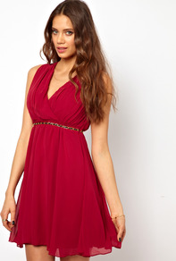 Wrap Detail Dress - style: faux wrap/wrap; length: mid thigh; neckline: low v-neck; fit: empire; pattern: plain; sleeve style: sleeveless; waist detail: belted waist/tie at waist/drawstring; predominant colour: burgundy; occasions: evening, occasion; fibres: polyester/polyamide - 100%; hip detail: soft pleats at hip/draping at hip/flared at hip; sleeve length: sleeveless; texture group: sheer fabrics/chiffon/organza etc.; pattern type: fabric