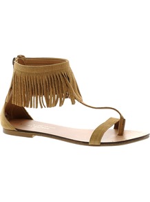 Suede Fringe Sandals - predominant colour: camel; occasions: casual, holiday; material: suede; heel height: flat; ankle detail: ankle strap; heel: standard; toe: toe thongs; style: flip flops / toe post; finish: plain; pattern: plain; embellishment: fringing