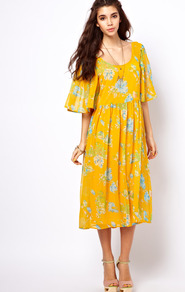 Midi Dress With Kimono Sleeve In Floral Print - style: smock; length: below the knee; fit: loose; sleeve style: kimono; secondary colour: pale blue; predominant colour: yellow; occasions: casual, holiday; neckline: scoop; fibres: polyester/polyamide - 100%; hip detail: soft pleats at hip/draping at hip/flared at hip; sleeve length: 3/4 length; texture group: sheer fabrics/chiffon/organza etc.; trends: high impact florals; pattern type: fabric; pattern size: small & light; pattern: florals