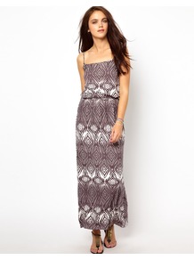 Waisted Dress In Absract Print - sleeve style: spaghetti straps; fit: fitted at waist; style: maxi dress; length: ankle length; waist detail: elasticated waist; secondary colour: white; predominant colour: taupe; occasions: casual, holiday; fibres: viscose/rayon - stretch; sleeve length: sleeveless; trends: statement prints; neckline: low square neck; pattern type: fabric; pattern size: standard; pattern: patterned/print; texture group: jersey - stretchy/drapey