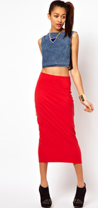 Bobbie Bodycon Pencil Skirt - length: calf length; pattern: plain; fit: tight; waist detail: elasticated waist; waist: high rise; predominant colour: true red; occasions: casual, evening; fibres: cotton - stretch; style: tube; texture group: jersey - clingy; pattern type: fabric