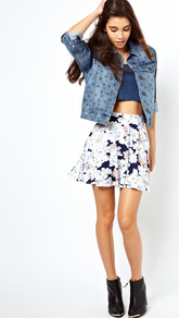 Skater Skirt In Floral Print - length: mid thigh; style: full/prom skirt; fit: loose/voluminous; waist detail: elasticated waist; waist: high rise; secondary colour: white; predominant colour: navy; occasions: casual, evening, holiday; fibres: viscose/rayon - stretch; hip detail: soft pleats at hip/draping at hip/flared at hip; trends: high impact florals; pattern type: knitted - big stitch; pattern size: big & busy; pattern: florals; texture group: jersey - stretchy/drapey