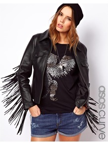 Curve Leather Jacket With Fringing - pattern: plain; style: bomber; predominant colour: black; occasions: casual, evening; length: standard; fit: straight cut (boxy); fibres: leather - 100%; collar: shirt collar/peter pan/zip with opening; sleeve length: long sleeve; sleeve style: standard; texture group: leather; collar break: high; pattern type: fabric; embellishment: fringing