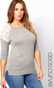 Curve Jumper With Lace Inserts - neckline: round neck; pattern: plain; length: below the bottom; style: standard; shoulder detail: contrast pattern/fabric at shoulder; secondary colour: ivory; predominant colour: light grey; occasions: casual; fibres: cotton - mix; fit: slim fit; sleeve length: 3/4 length; sleeve style: standard; texture group: knits/crochet; pattern type: knitted - fine stitch; embellishment: lace