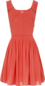 Leia Pleat Detail Dress - pattern: plain; sleeve style: sleeveless; back detail: low cut/open back; waist detail: twist front waist detail/nipped in at waist on one side/soft pleats/draping/ruching/gathering waist detail; bust detail: ruching/gathering/draping/layers/pintuck pleats at bust; predominant colour: bright orange; occasions: casual, evening, occasion; length: just above the knee; fit: fitted at waist & bust; style: fit & flare; fibres: silk - 100%; hip detail: soft pleats at hip/draping at hip/flared at hip; sleeve length: sleeveless; texture group: silky - light; trends: volume; neckline: low square neck; pattern type: fabric