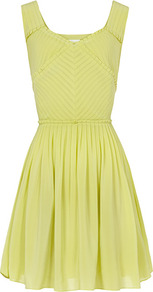 Leia Pleat Detail Dress - sleeve style: wide vest straps; neckline: low v-neck; pattern: plain; waist detail: twist front waist detail/nipped in at waist on one side/soft pleats/draping/ruching/gathering waist detail; bust detail: ruching/gathering/draping/layers/pintuck pleats at bust; predominant colour: primrose yellow; occasions: evening, occasion; length: just above the knee; fit: fitted at waist & bust; style: fit & flare; fibres: silk - 100%; hip detail: soft pleats at hip/draping at hip/flared at hip; sleeve length: sleeveless; texture group: silky - light; pattern type: fabric