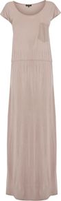 Satin Pocket Maxi Dress, Beige - sleeve style: capped; fit: loose; pattern: plain; style: maxi dress; predominant colour: stone; occasions: casual; length: floor length; neckline: scoop; fibres: viscose/rayon - 100%; hip detail: soft pleats at hip/draping at hip/flared at hip; sleeve length: short sleeve; pattern type: fabric; texture group: jersey - stretchy/drapey
