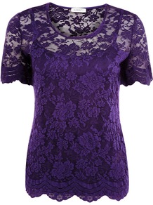 Lace T Shirt, Purple - neckline: round neck; style: t-shirt; predominant colour: purple; occasions: evening, work, occasion; length: standard; fibres: polyester/polyamide - 100%; fit: body skimming; sleeve length: short sleeve; sleeve style: standard; pattern type: fabric; pattern size: standard; pattern: florals; texture group: jersey - stretchy/drapey; embellishment: lace
