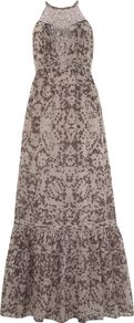 Eva Print Halter Neck Maxi Dress, Stone - fit: empire; sleeve style: sleeveless; style: maxi dress; length: ankle length; neckline: halter neck; secondary colour: taupe; predominant colour: stone; occasions: casual, holiday; fibres: cotton - 100%; hip detail: soft pleats at hip/draping at hip/flared at hip; sleeve length: sleeveless; texture group: sheer fabrics/chiffon/organza etc.; pattern type: fabric; pattern size: standard; pattern: patterned/print