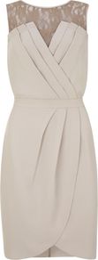 Stone Pleat & Lace Shift Dress, Stone - style: faux wrap/wrap; neckline: v-neck; fit: tailored/fitted; pattern: plain; sleeve style: sleeveless; waist detail: fitted waist; shoulder detail: contrast pattern/fabric at shoulder; bust detail: ruching/gathering/draping/layers/pintuck pleats at bust; predominant colour: stone; occasions: evening, occasion; length: just above the knee; fibres: polyester/polyamide - 100%; hip detail: structured pleats at hip; sleeve length: sleeveless; texture group: crepes; pattern type: fabric