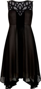Black Cornelli Dress, Black - style: empire line; neckline: round neck; fit: empire; pattern: plain; sleeve style: sleeveless; shoulder detail: contrast pattern/fabric at shoulder; predominant colour: black; occasions: evening; length: on the knee; fibres: viscose/rayon - 100%; hip detail: soft pleats at hip/draping at hip/flared at hip; sleeve length: sleeveless; texture group: sheer fabrics/chiffon/organza etc.; pattern type: fabric