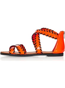 Figaro3 Whipstitch Sandals - predominant colour: bright orange; secondary colour: black; occasions: casual, holiday; material: faux leather; heel height: flat; embellishment: zips; ankle detail: ankle strap; heel: standard; toe: open toe/peeptoe; style: strappy; trends: fluorescent; finish: patent; pattern: colourblock