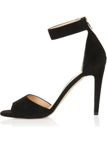 Rees 2 Part Hi Sandals - predominant colour: black; occasions: evening, occasion; material: suede; heel height: high; embellishment: zips; ankle detail: ankle strap; heel: stiletto; toe: open toe/peeptoe; style: standard; finish: plain; pattern: plain