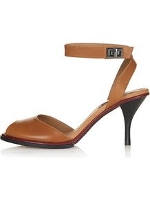Nylon Two Part Mid Sandals - predominant colour: tan; occasions: casual, evening, occasion; material: leather; heel height: mid; ankle detail: ankle strap; heel: stiletto; toe: open toe/peeptoe; style: standard; finish: plain; pattern: plain