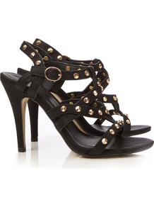 Black Strappy Sandal - predominant colour: black; occasions: evening, occasion; material: faux leather; heel height: high; embellishment: studs; ankle detail: ankle strap; heel: stiletto; toe: open toe/peeptoe; style: strappy; finish: plain; pattern: plain