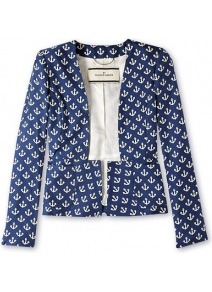 Ossalli Anchor Print Jacket - style: single breasted blazer; hip detail: side pockets at hip; collar: round collar/collarless; secondary colour: white; predominant colour: navy; occasions: casual, evening, occasion; length: standard; fit: tailored/fitted; fibres: silk - 100%; sleeve length: long sleeve; sleeve style: standard; texture group: cotton feel fabrics; collar break: low/open; pattern type: fabric; pattern size: standard; pattern: patterned/print