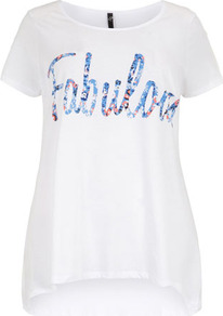 White 'Fabulous' T Shirt - neckline: round neck; length: below the bottom; style: t-shirt; predominant colour: white; secondary colour: pale blue; occasions: casual, holiday; fibres: cotton - 100%; fit: straight cut; bust detail: contrast pattern/fabric/detail at bust; back detail: longer hem at back than at front; sleeve length: short sleeve; sleeve style: standard; texture group: cotton feel fabrics; pattern type: fabric; pattern size: light/subtle; pattern: patterned/print